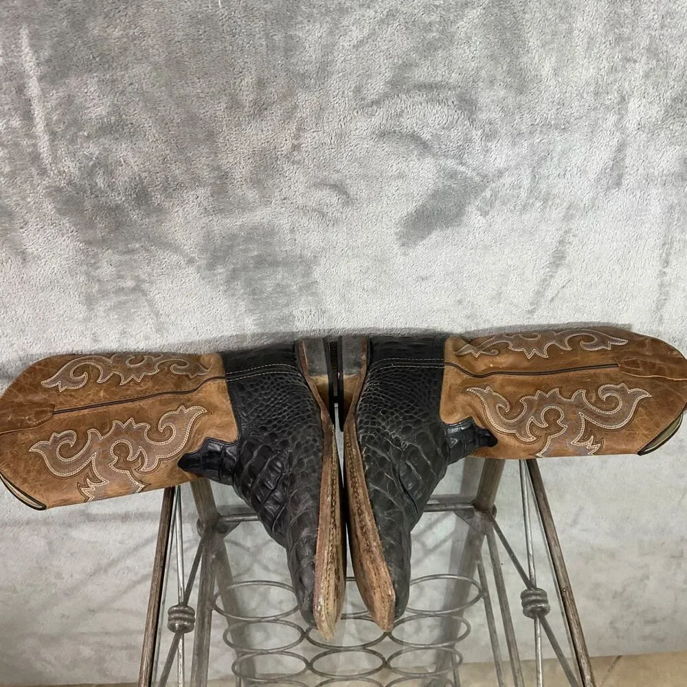 Old West Leather Cowboy Boots Mens 7D Broad Square Toe Horned Back Gator Print